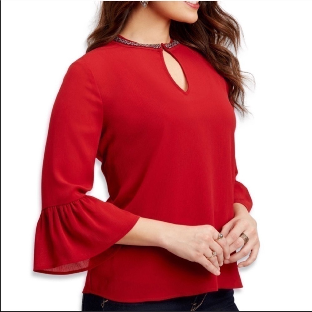 Maurices Red Beaded Neckline Semi Sheer Top Medium
